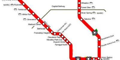 Washington dc rode lijn op kaart